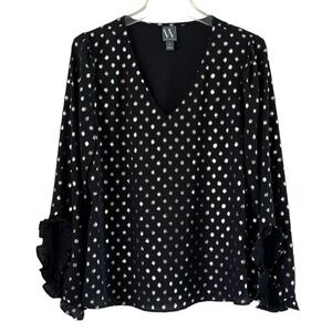 Worthington Black Blouse With Gold Foil Dots Ruffled Sleeve Size M V Neck